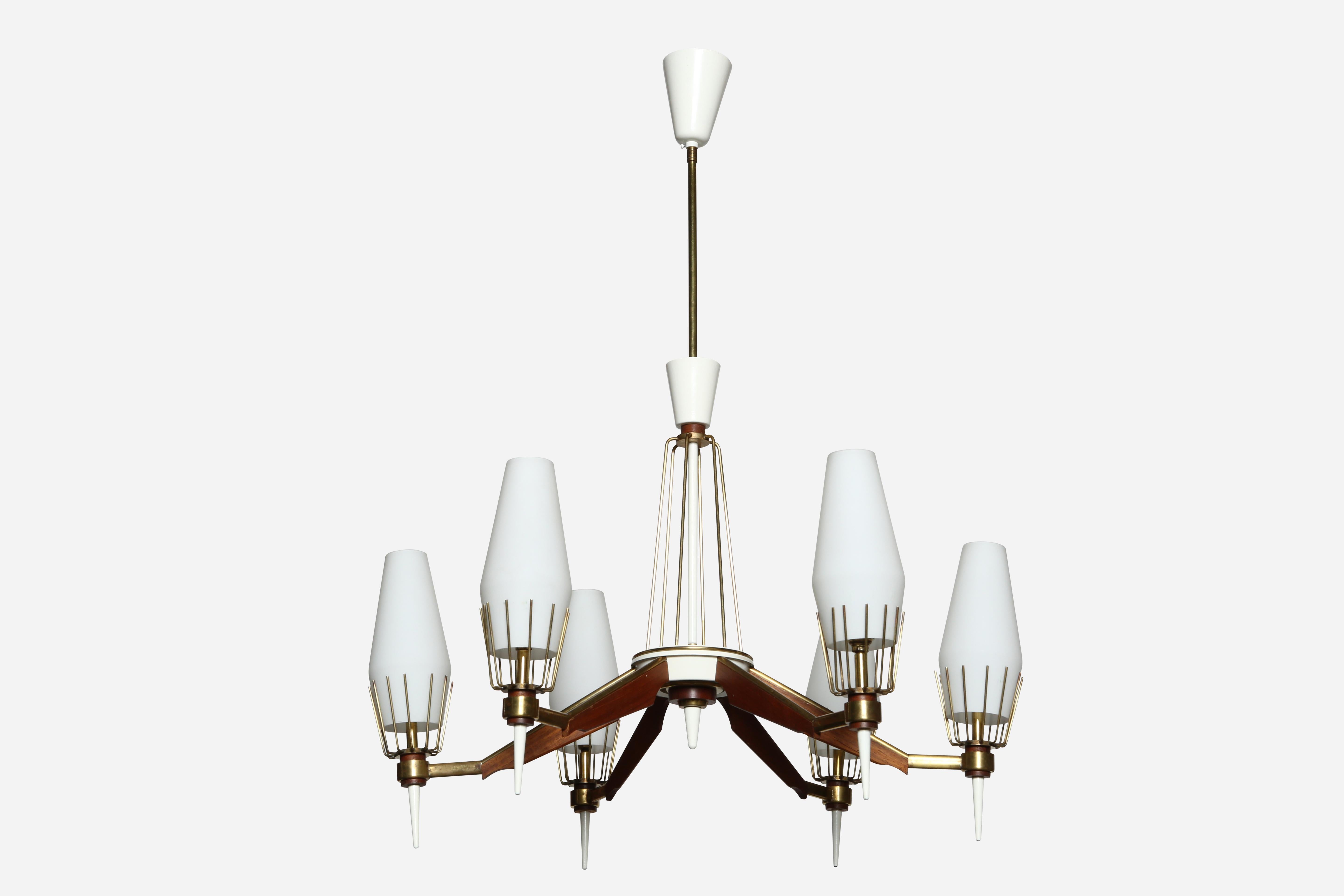 Stilnovo style chandelier
Designed and made in Italy 1960s
Opaline glass, brass, wood.
6 candelabra sockets.
Complimentary US rewiring upon request.

We take pride in bringing vintage fixtures to their full glory again.
At Illustris Lighting our