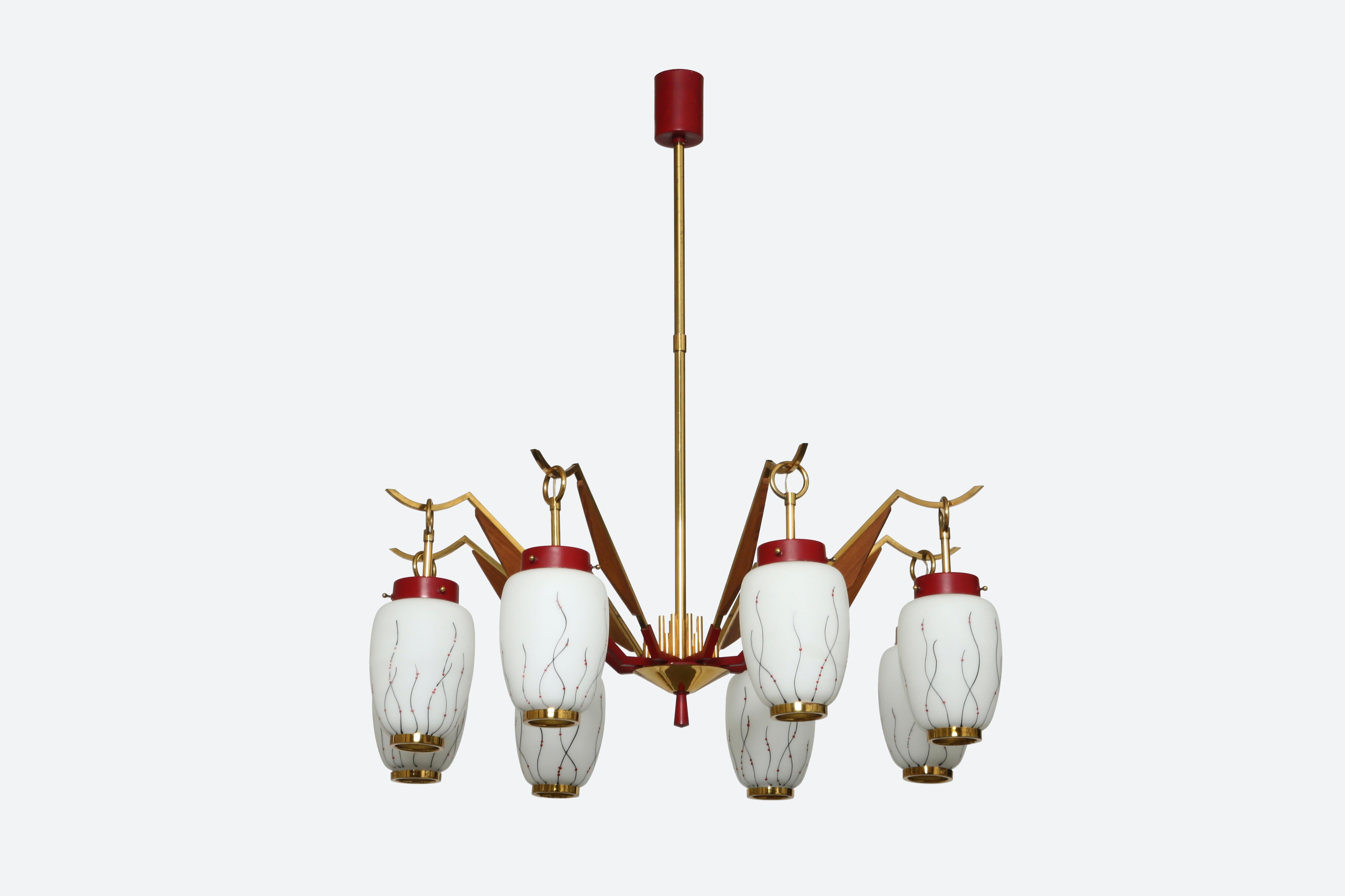Stilnovo style chandelier with eight arms.
Made in Italy in 1960s.
Glass bells with floral decoration.
 
