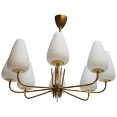 Stilnovo Style Chandelier in Brass and Opaline Glass