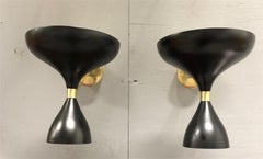 Stilnovo Style Enameled Aluminum and Brass Black Sconces
