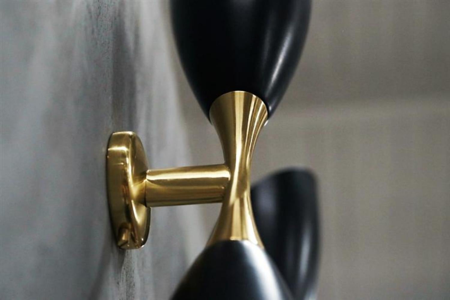 Stilnovo Style Enameled Aluminum and Brass Black Sconces In Good Condition For Sale In Red Lion, PA