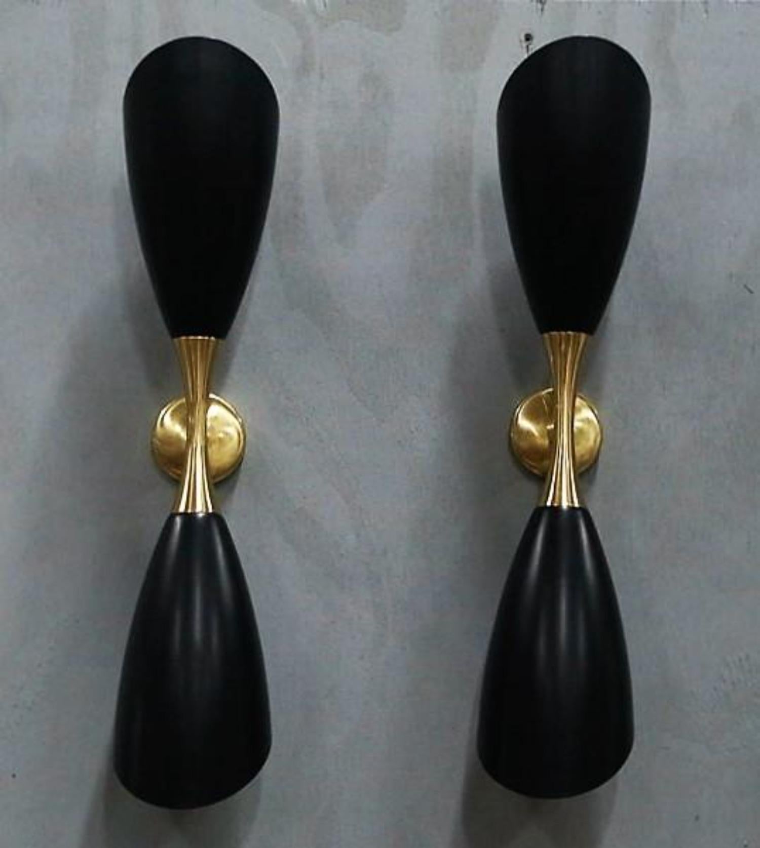 Contemporary Stilnovo Style Enameled Aluminum and Brass Black Sconces For Sale