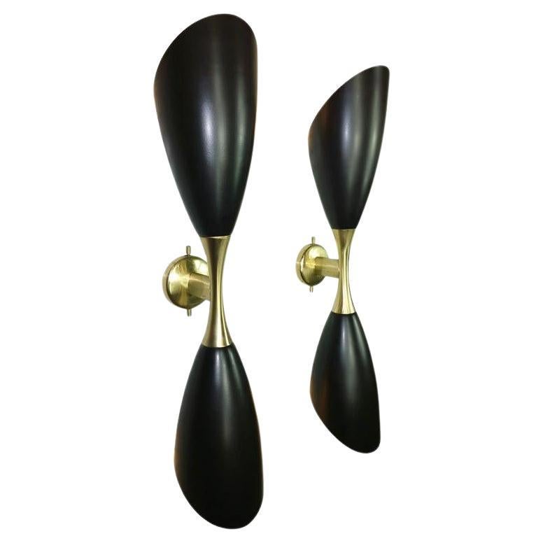 Stilnovo Style Emailliertes Aluminium und Messing Schwarz Wandleuchter