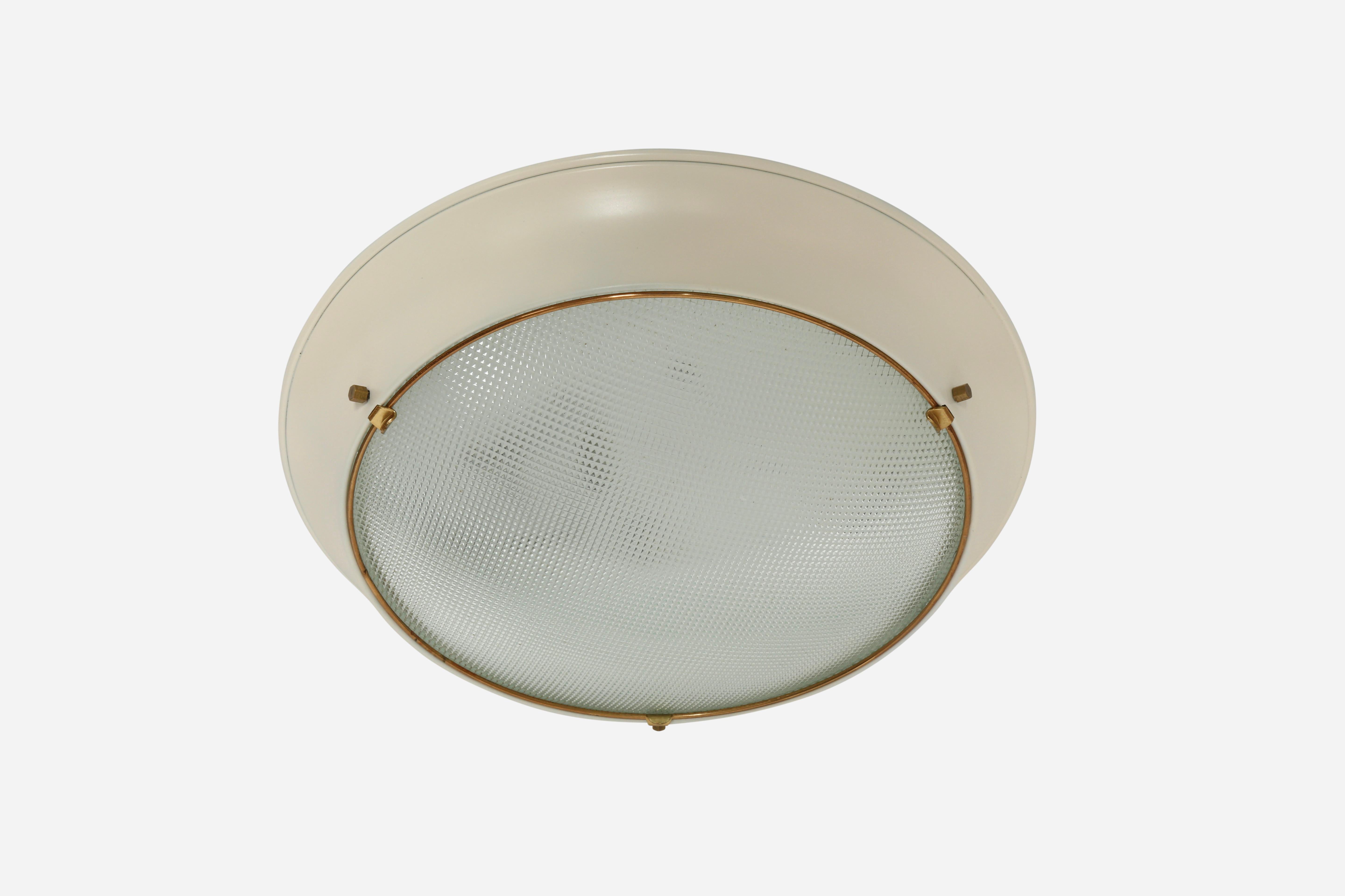 Stilnovo style flush mount ceiling light.
Italy 1960s
Rewired for US.
Takes one medium base bulb.
3 flush mounts are available.
Also 8 flush mounts 12 3/8 inches in diameter are available.
Please inquire.
Price is for one flush mount.

We take pride