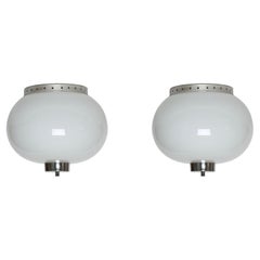 Stilnovo style Flush Mount Ceiling Light, Opaline Glass 
Chrome, Italy 1960s