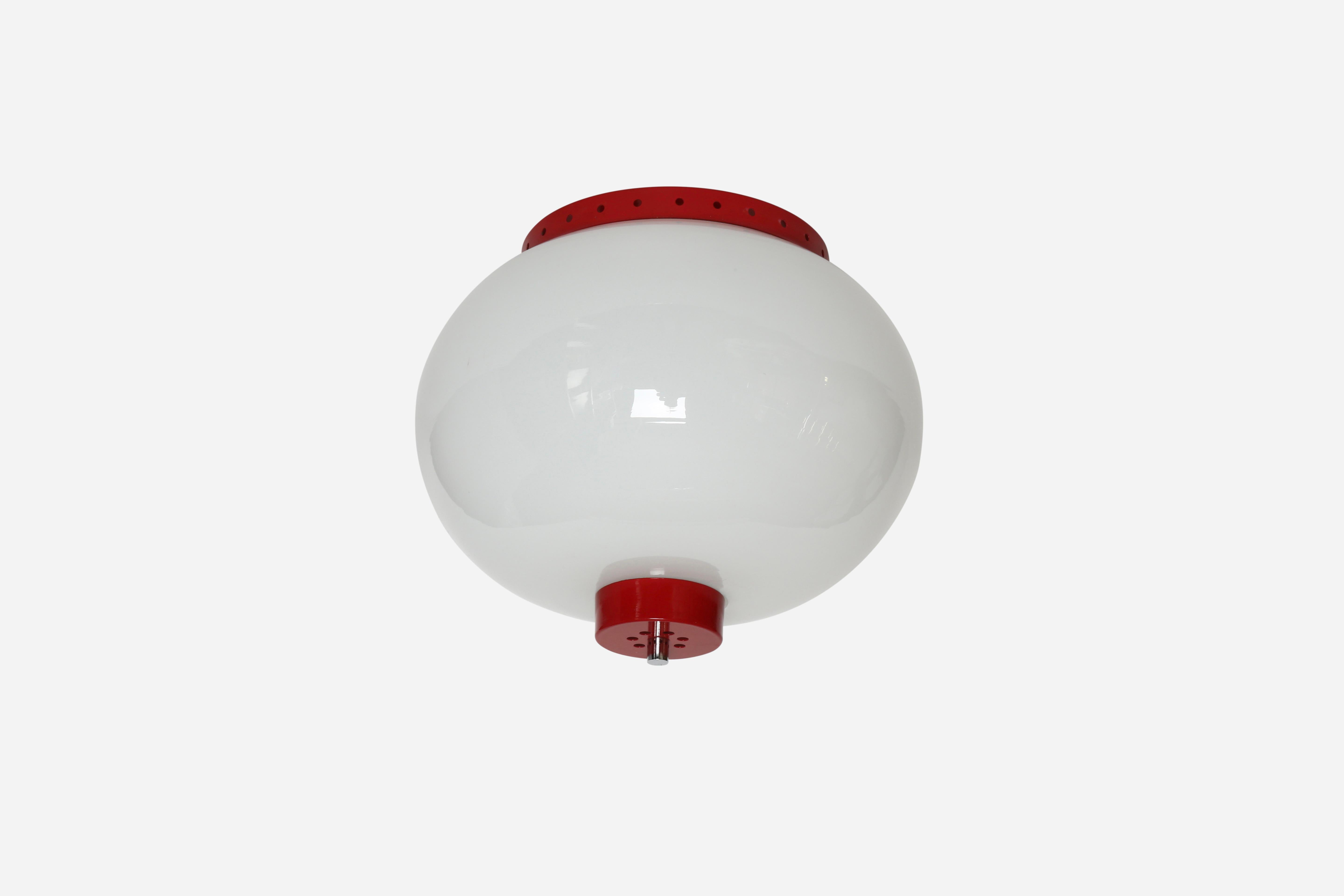 Stilnovo style flush mount ceiling lights, a pair
Made in Italy, 1960s
Opaline glass, enameled metal.
Take 3 candelabra bulbs each.
Complimentary US rewiring upon request.
Priced and sold as a pair.

At Illustris Lighting our main focus is to