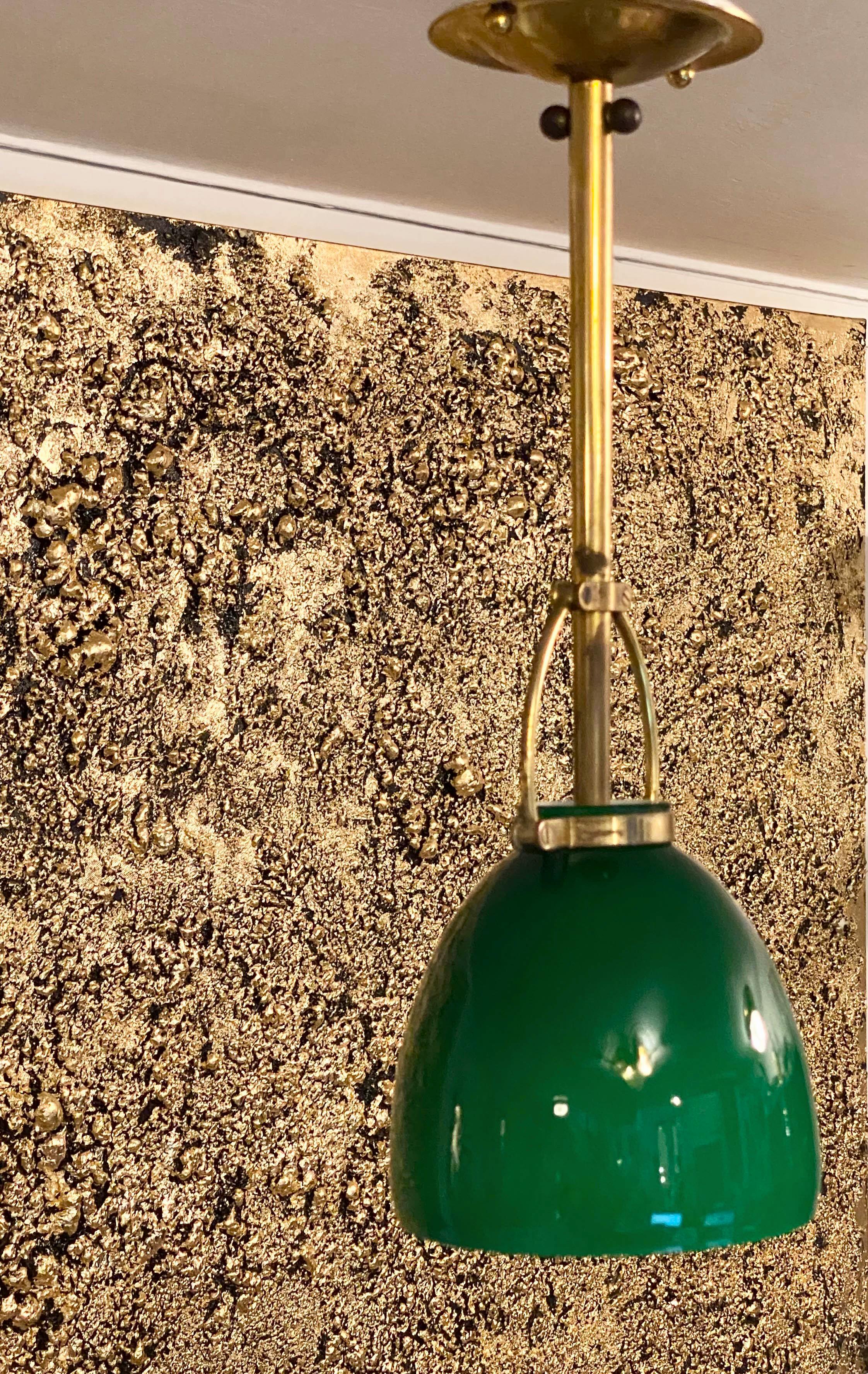 Mid-Century Modern Stilnovo Style Green Glass and Brass Pendant, Italy 1950s