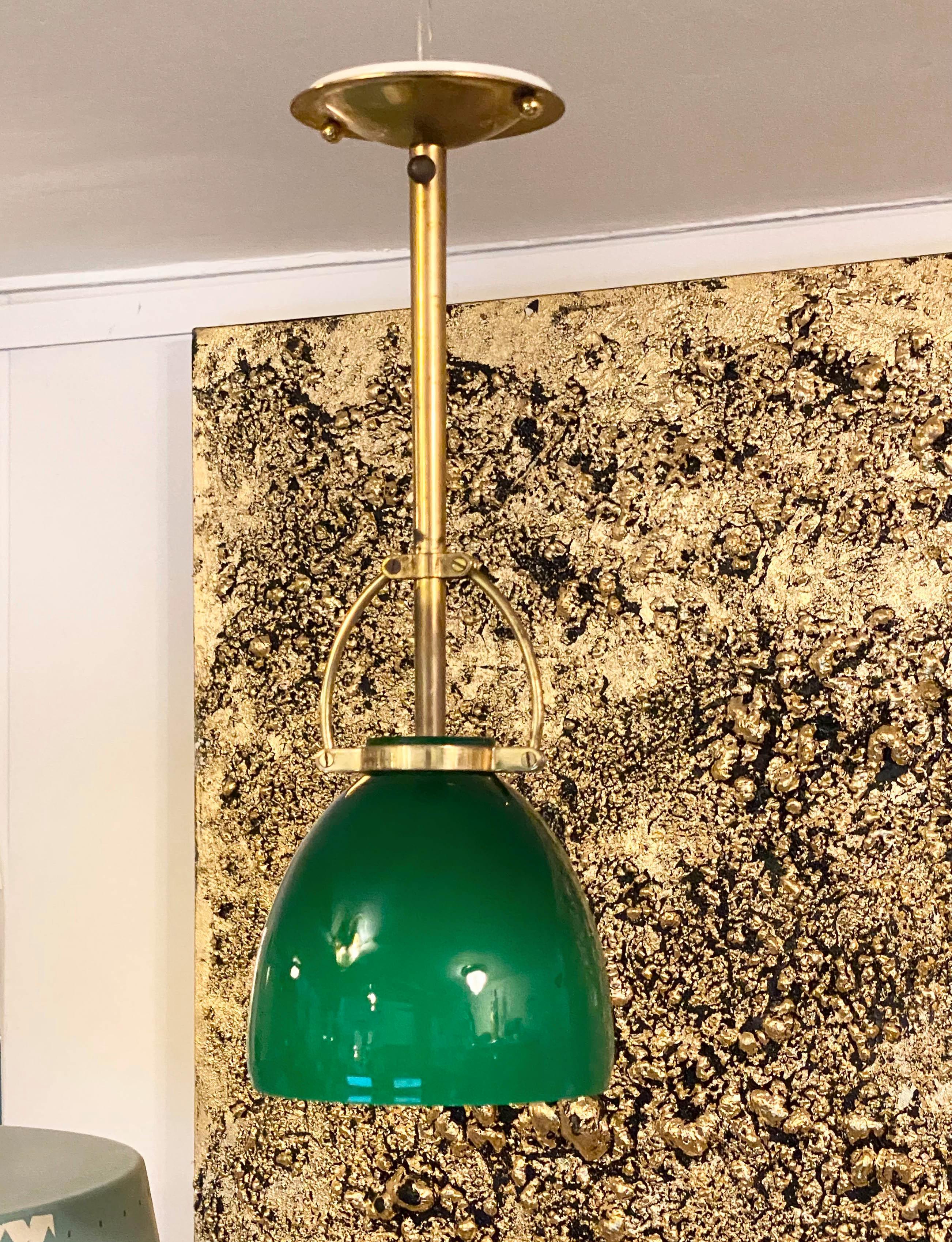 Italian Stilnovo Style Green Glass and Brass Pendant, Italy 1950s