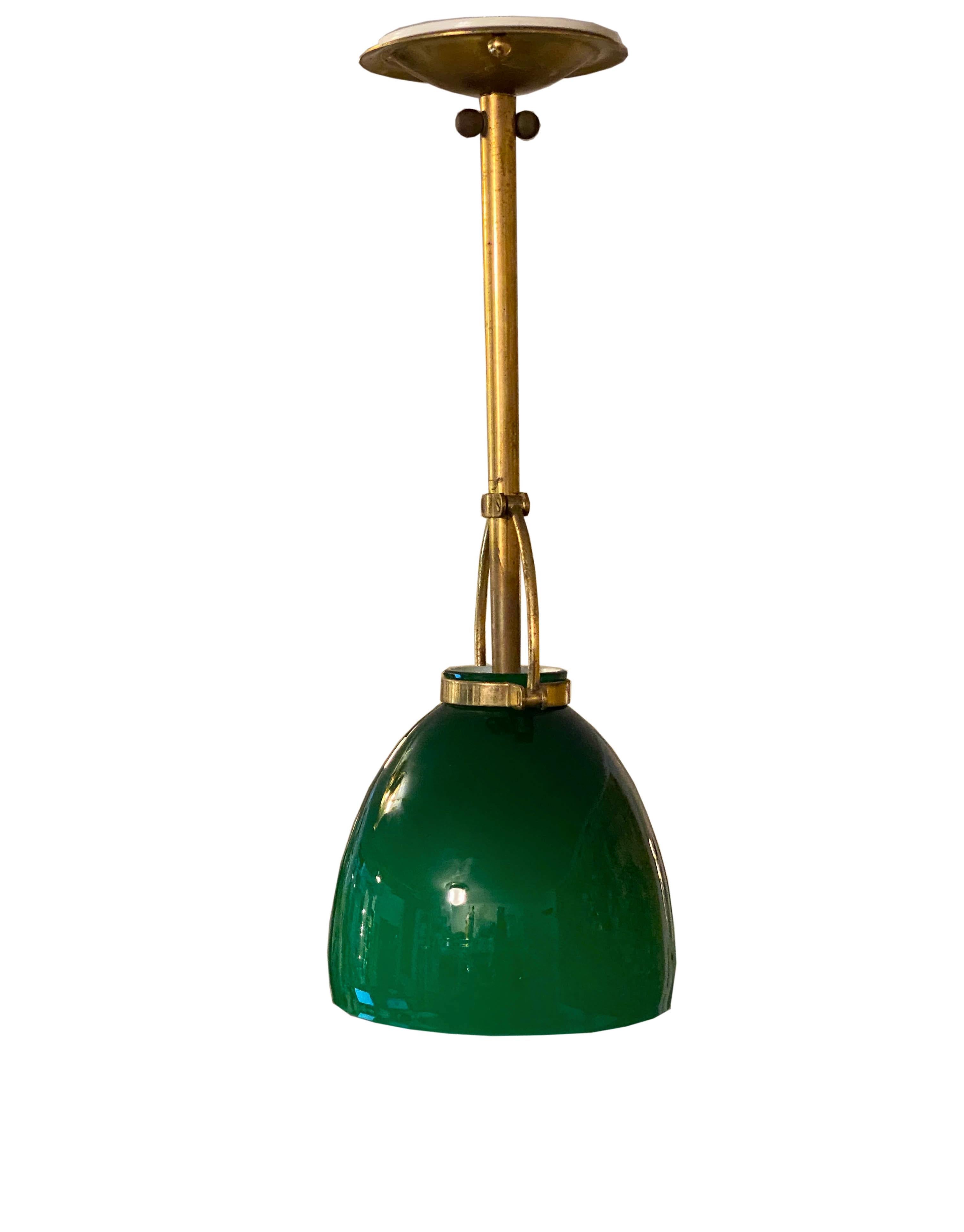 Stilnovo Style Green Glass and Brass Pendant, Italy 1950s In Good Condition In Naples, IT