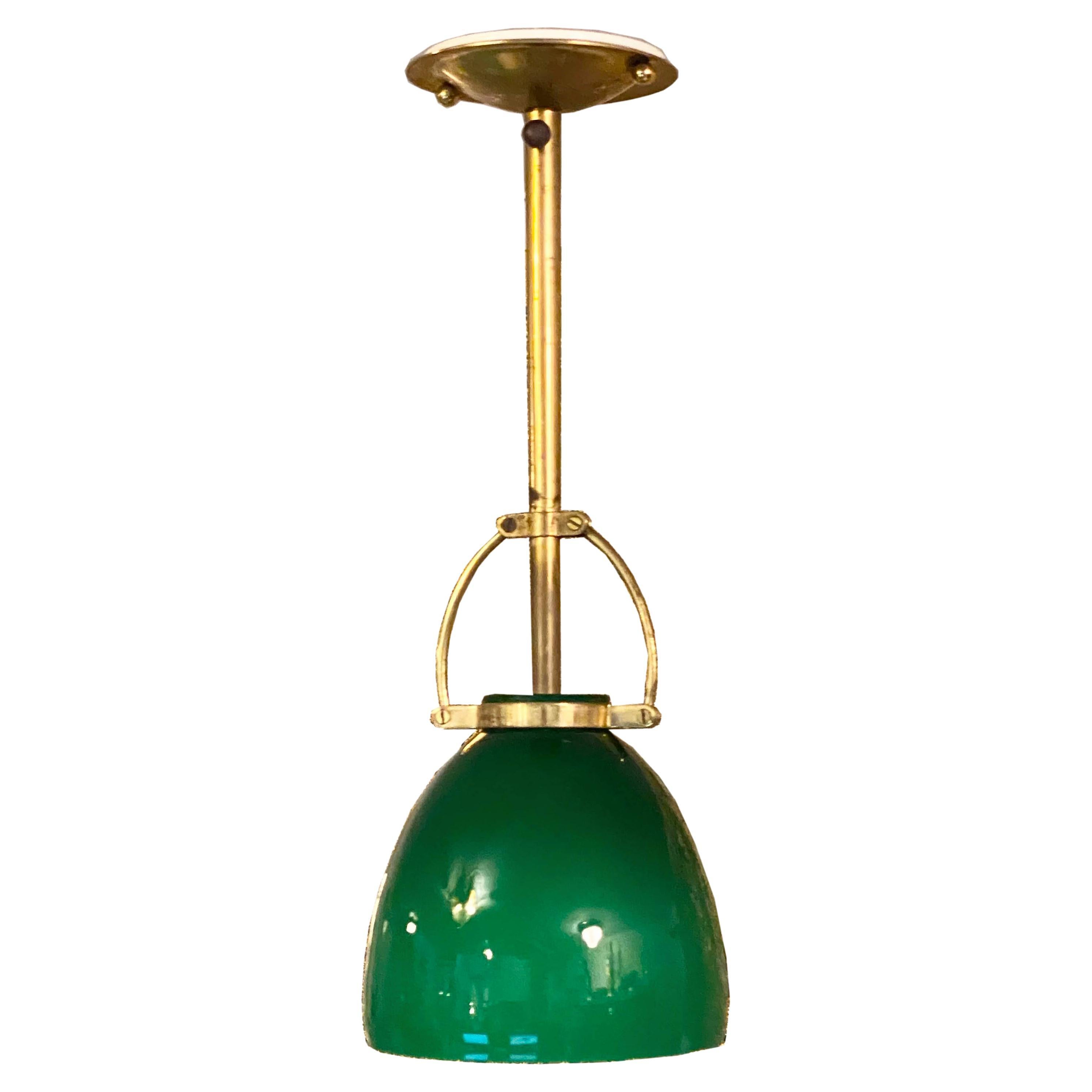 Stilnovo Style Green Glass and Brass Pendant, Italy 1950s