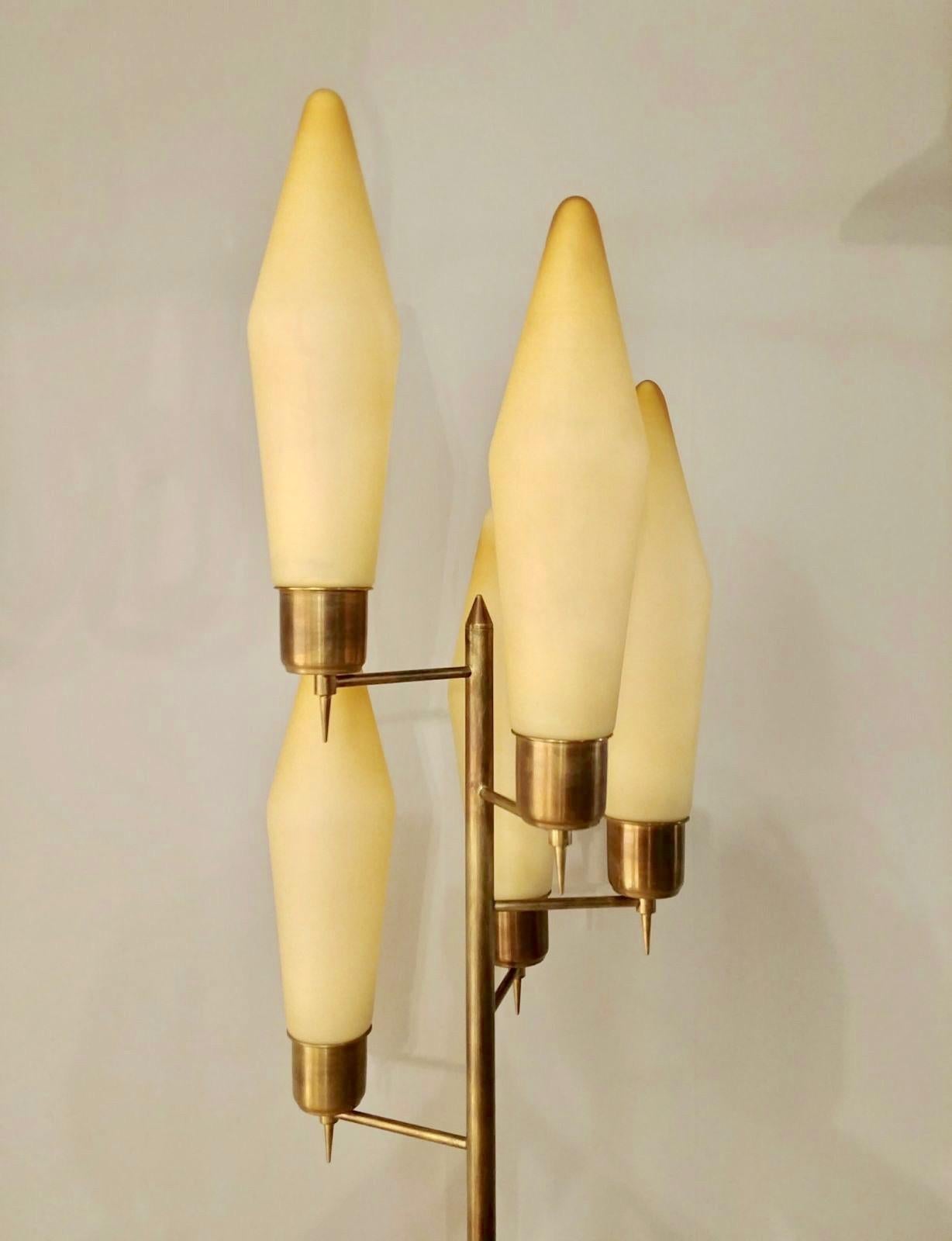 Mid-Century Modern Stilnovo Style Italian Brass Floor Lamp with Six Lights and Marble Base, 1960s