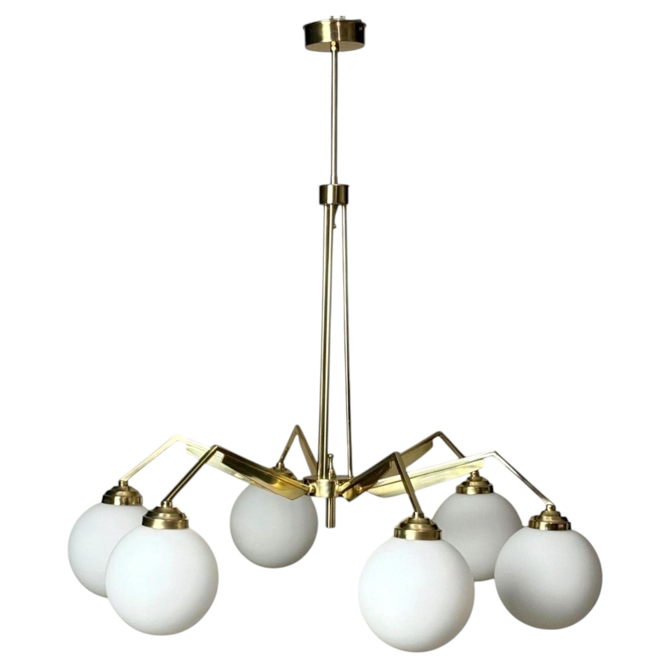 Stilnovo Style Italian Brass Six-Light Chandelier With Opaline Glass Globes