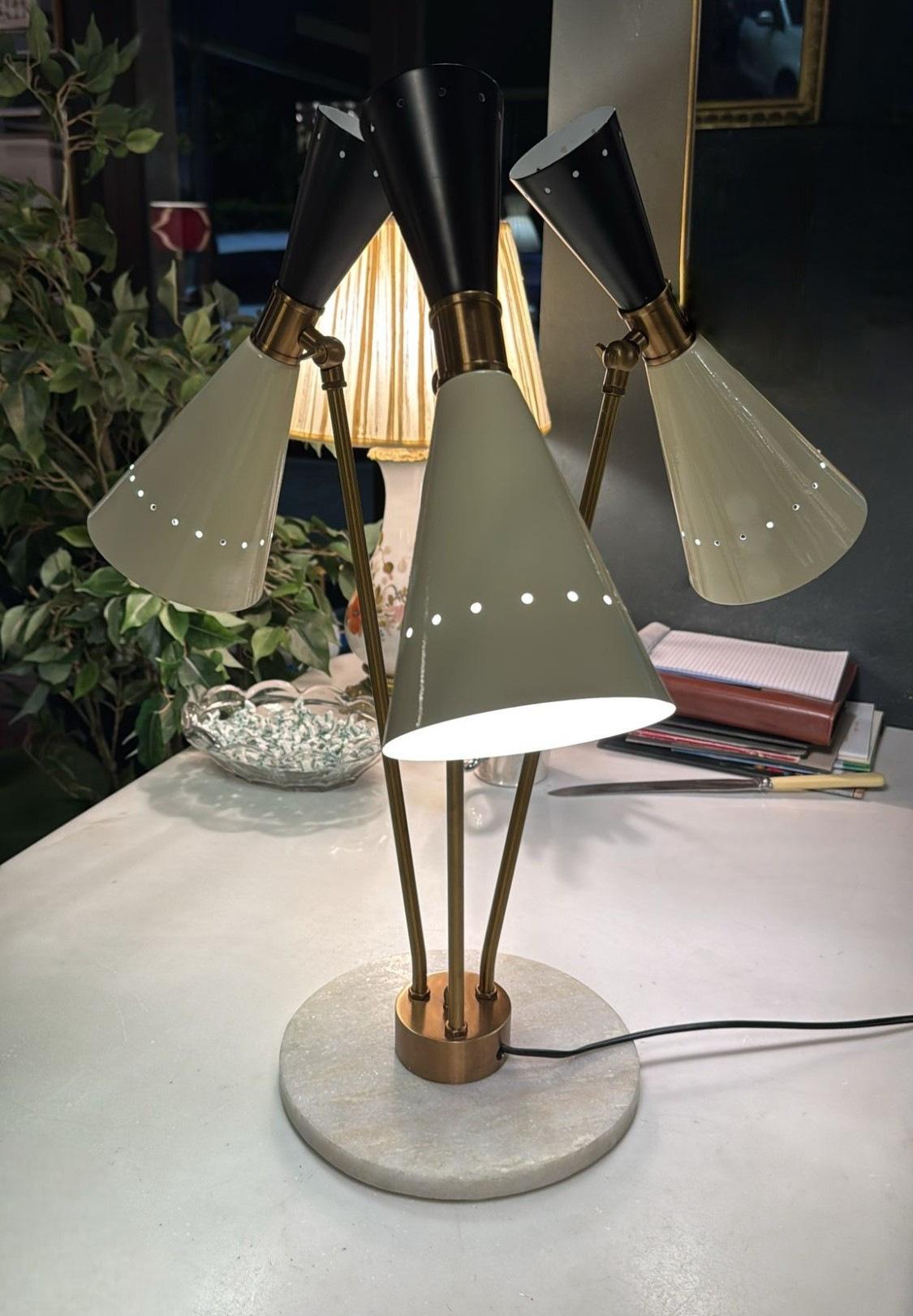 Stilnovo Style Italian Brass Table Lamp With Three Arms And Marble Base For Sale 11