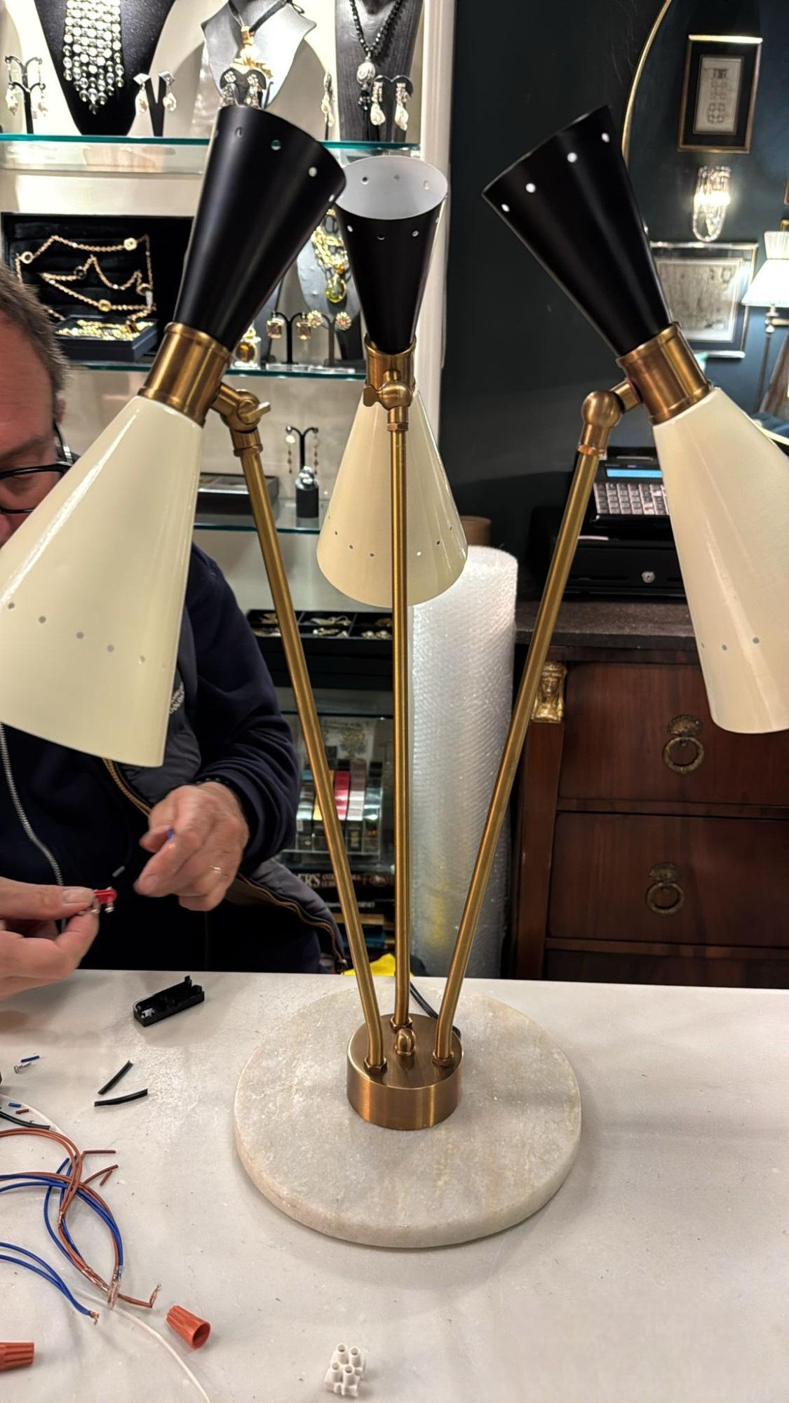 Stilnovo Style Italian Brass Table Lamp With Three Arms And Marble Base For Sale 12