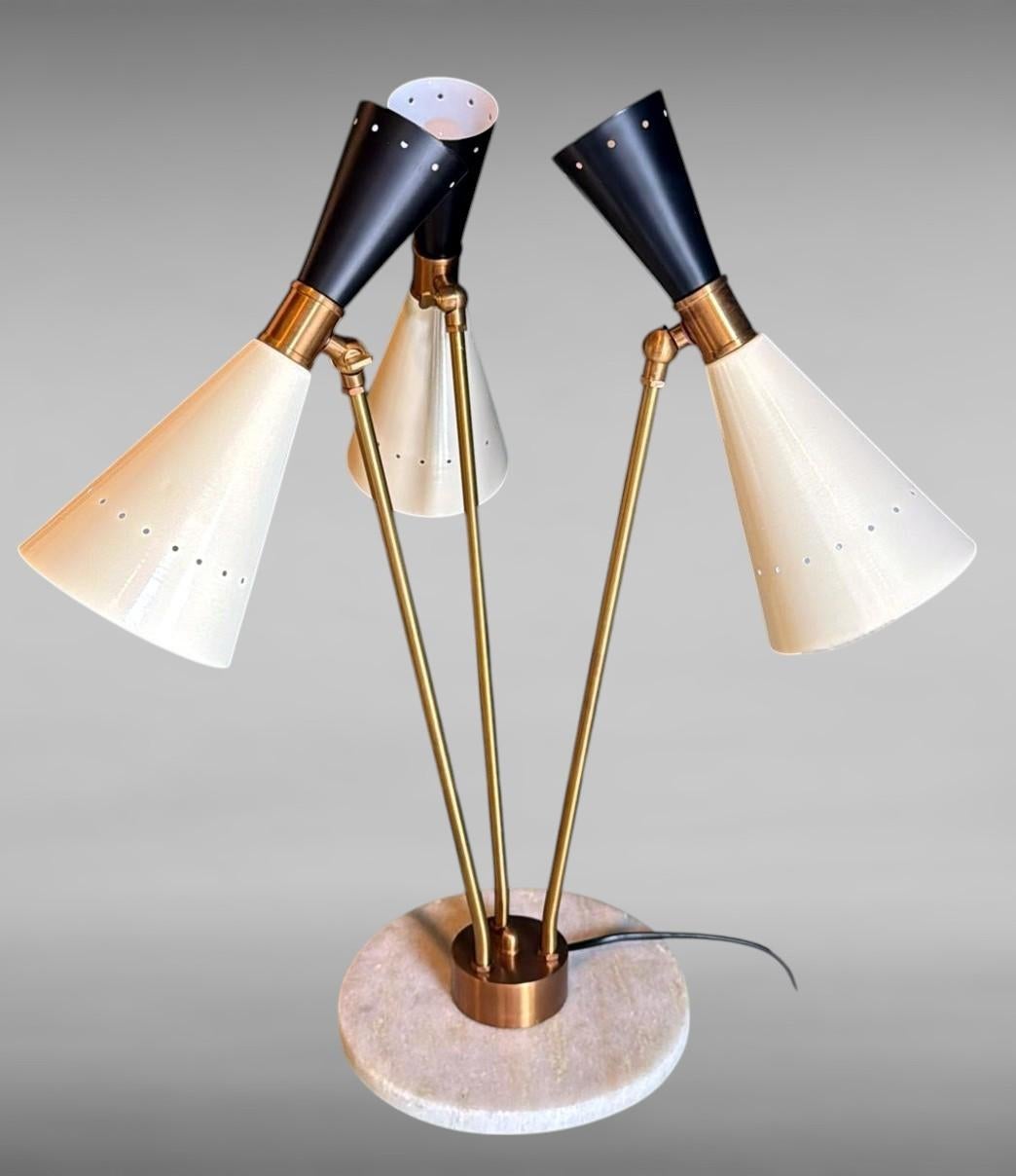 Mid-Century Modern Stilnovo Style Italian Brass Table Lamp With Three Arms And Marble Base For Sale