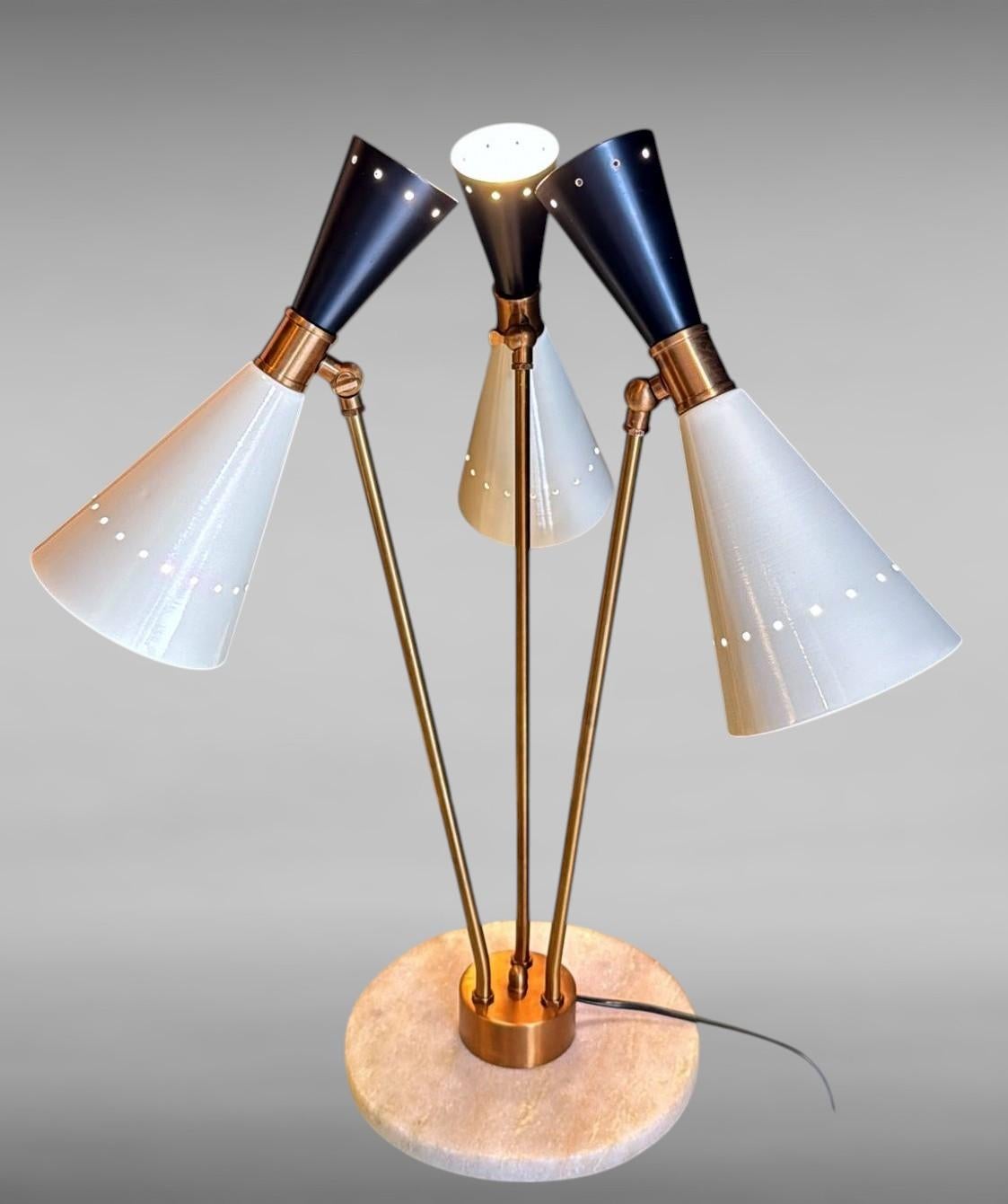 Contemporary Stilnovo Style Italian Brass Table Lamp With Three Arms And Marble Base For Sale