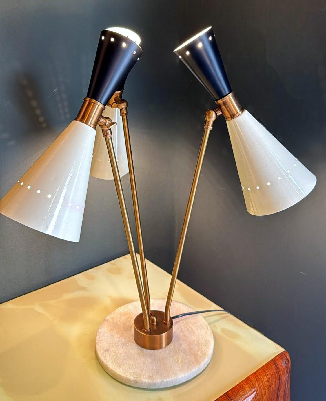 Metal Stilnovo Style Italian Brass Table Lamp With Three Arms And Marble Base For Sale