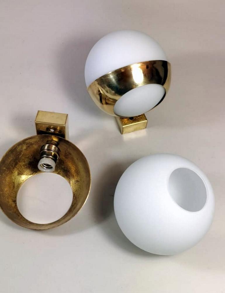 Stilnovo Style Italian Pair of Brass Wall Sconces and Glass Spheres Opaline  5