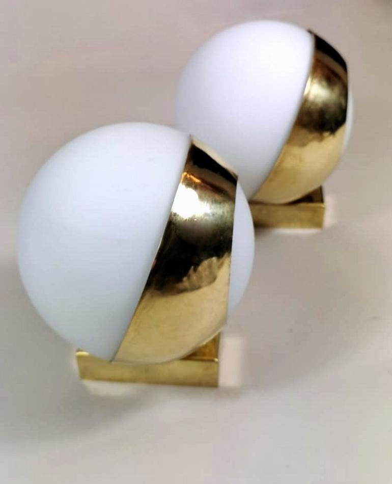 Polished Stilnovo Style Italian Pair of Brass Wall Sconces and Glass Spheres Opaline
