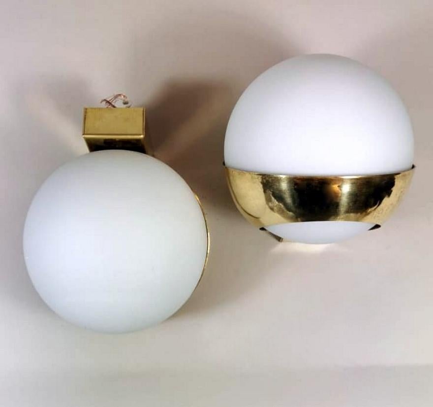 20th Century Stilnovo Style Italian Pair of Brass Wall Sconces and Glass Spheres Opaline 