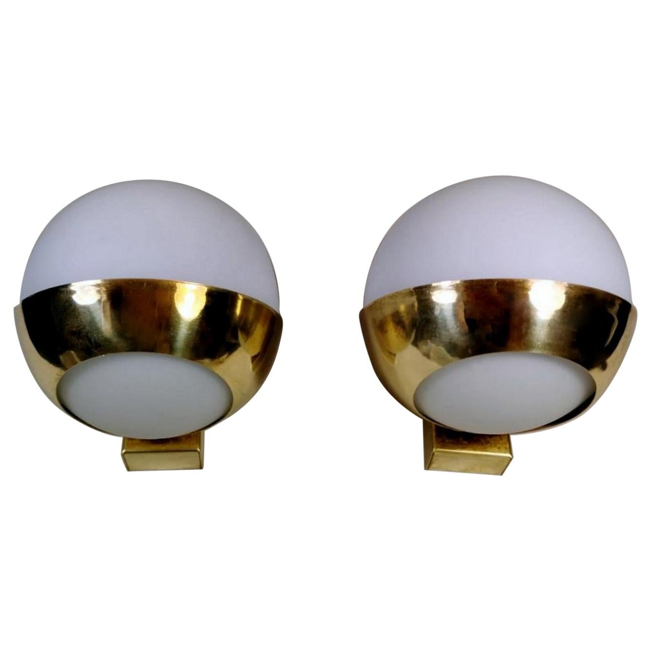 Stilnovo Style Italian Pair of Brass Wall Sconces and Glass Spheres Opaline 