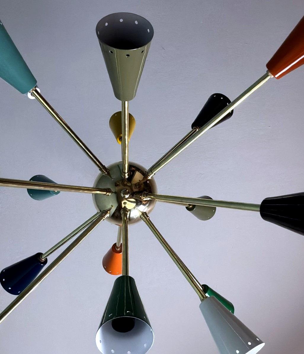 Stilnovo Style Italian Sputnik Chandelier in Brass and Multicolor Enameled Metal For Sale 4