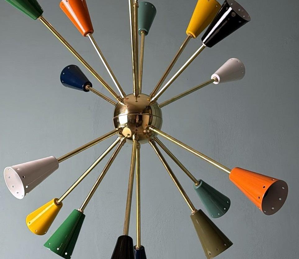 Stilnovo Style Italian Sputnik Chandelier in Brass and Multicolor Enameled Metal For Sale 5
