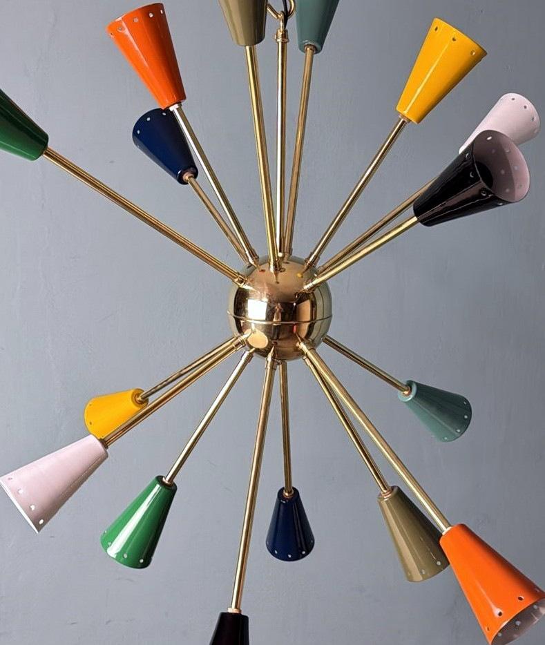 Stilnovo Style Italian Sputnik Chandelier in Brass and Multicolor Enameled Metal For Sale 6