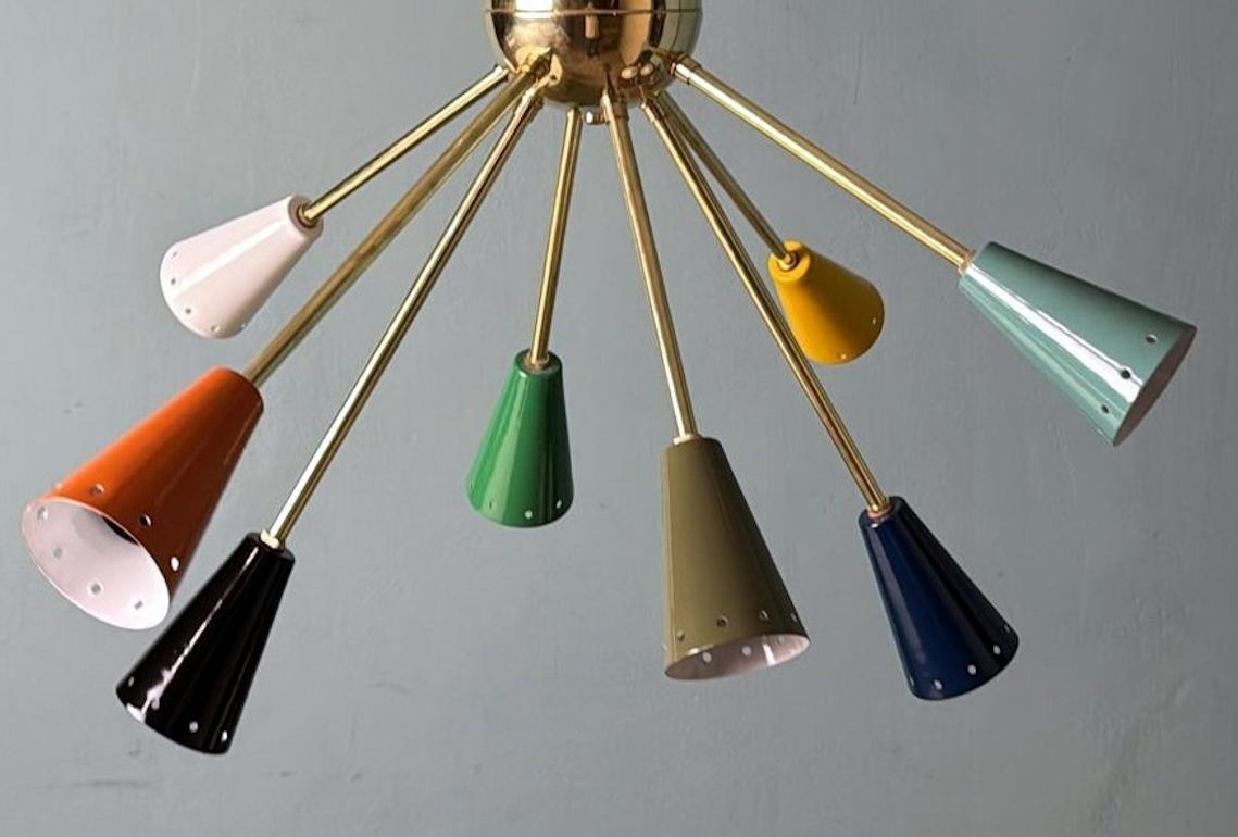 Stilnovo Style Italian Sputnik Chandelier in Brass and Multicolor Enameled Metal For Sale 7