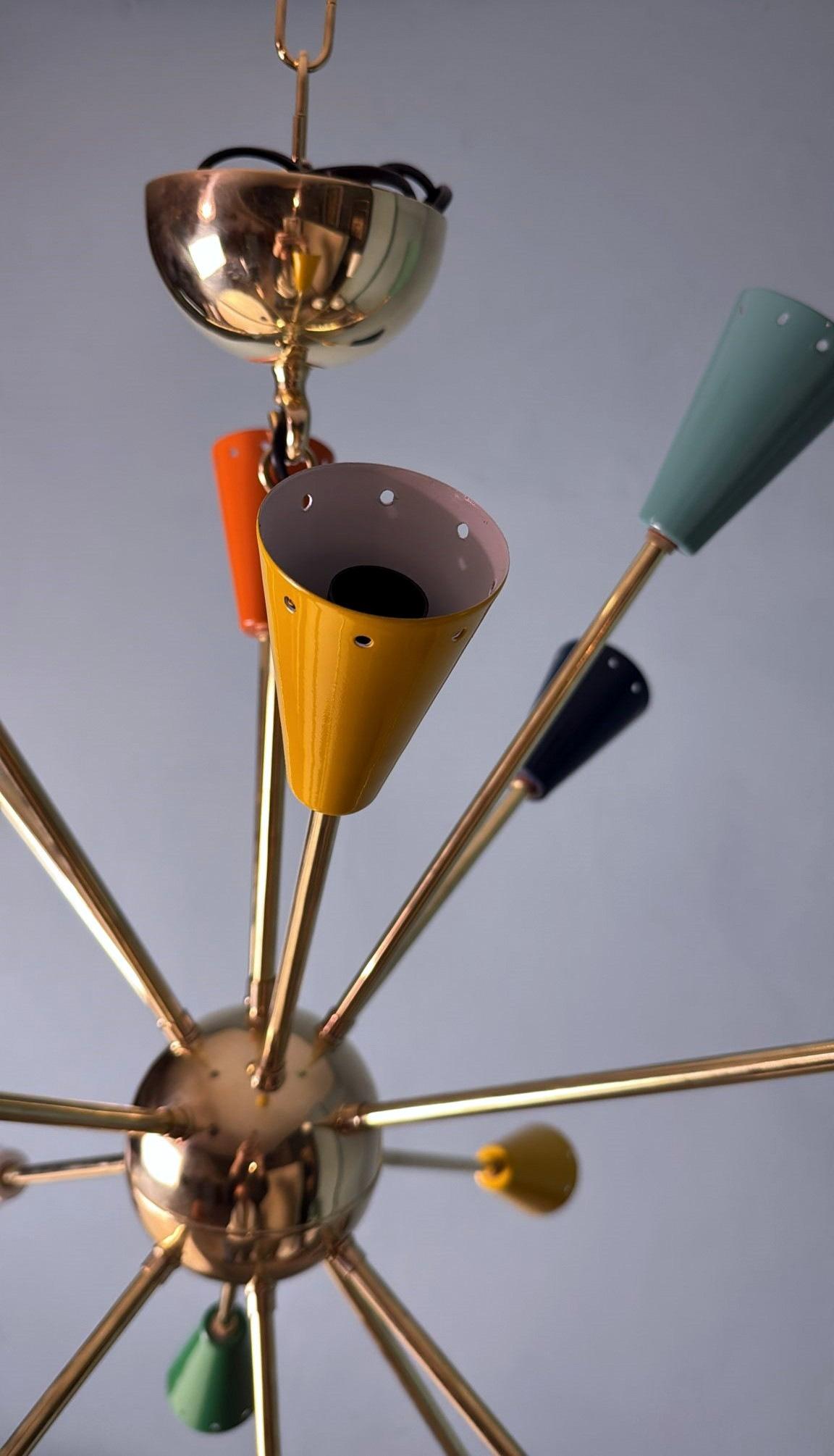 Stilnovo Style Italian Sputnik Chandelier in Brass and Multicolor Enameled Metal For Sale 8