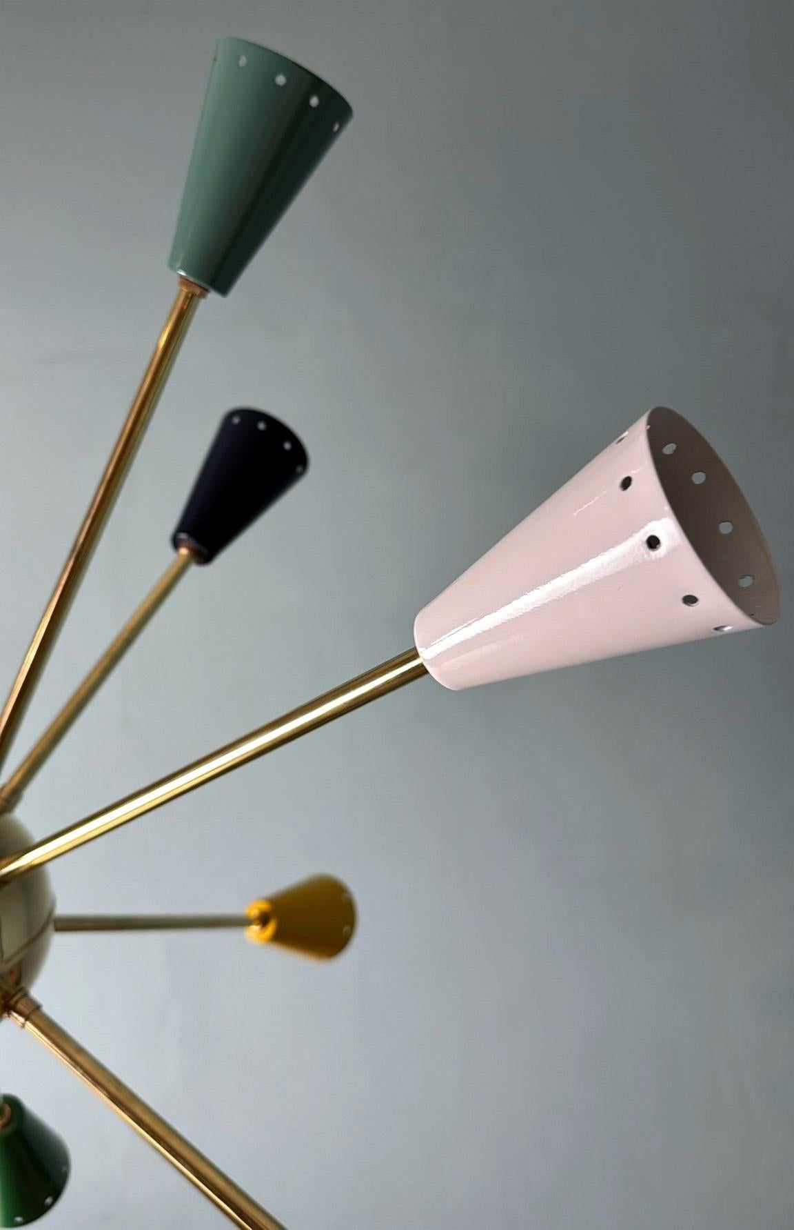 Stilnovo Style Italian Sputnik Chandelier in Brass and Multicolor Enameled Metal For Sale 9