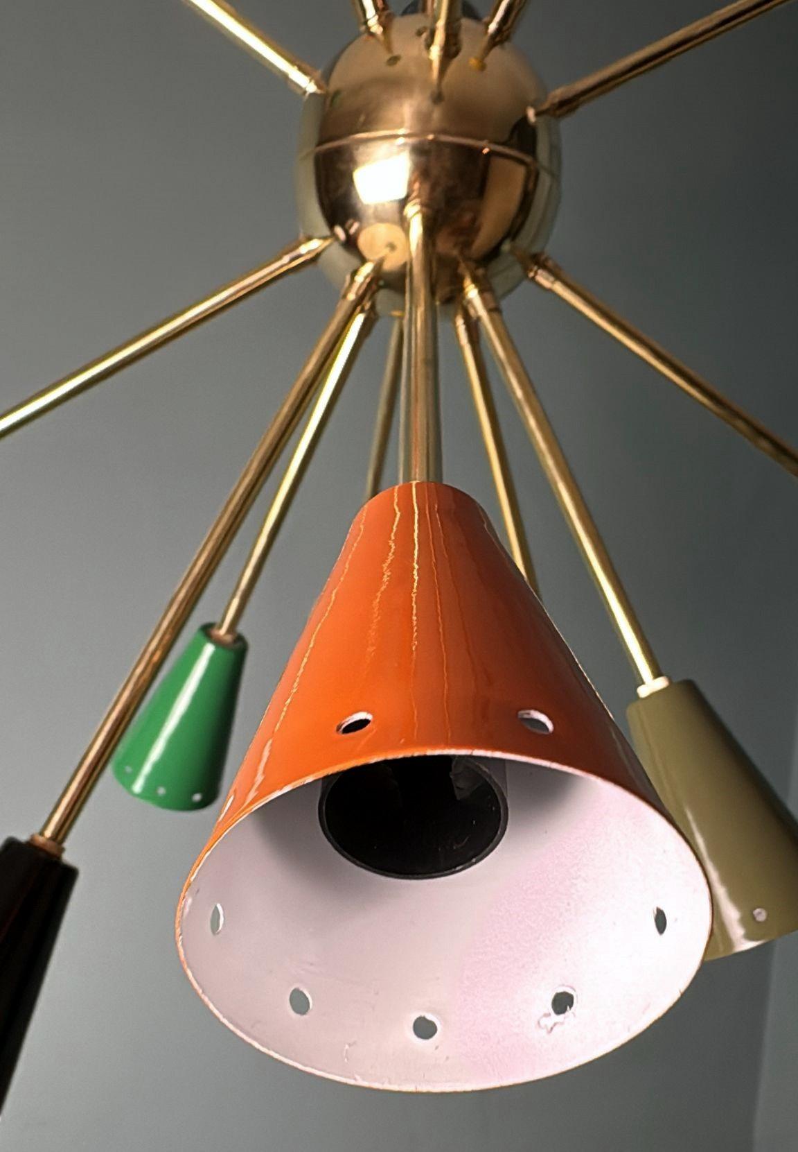 Stilnovo Style Italian Sputnik Chandelier in Brass and Multicolor Enameled Metal For Sale 10
