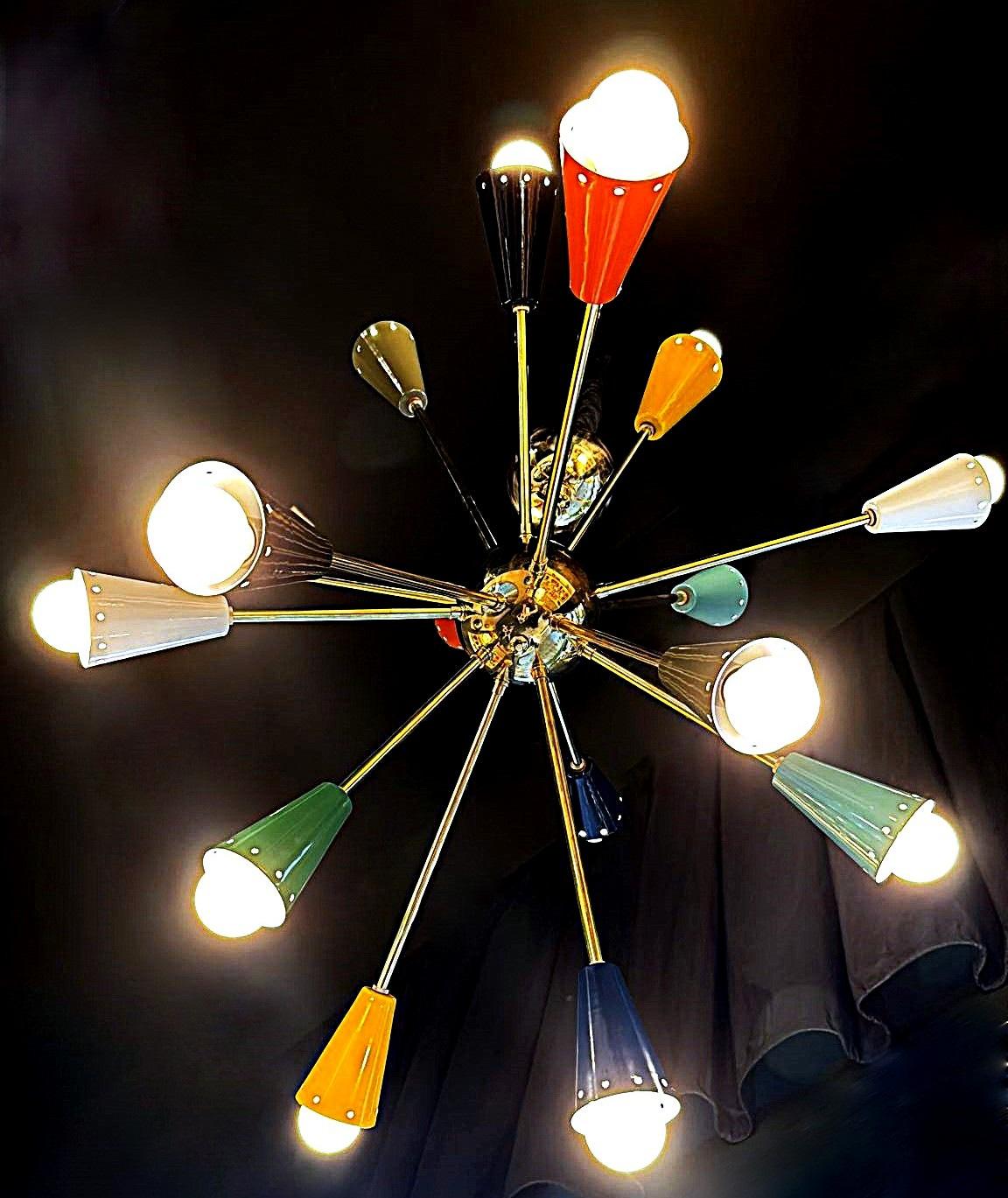 Stilnovo Style Italian Sputnik Chandelier in Brass and Multicolor Enameled Metal For Sale 11