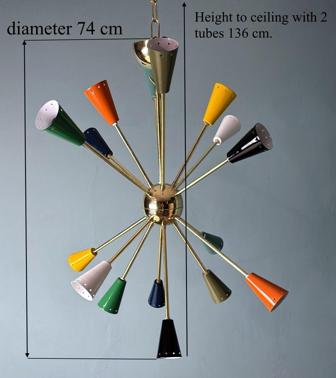 Stilnovo Style Italian Sputnik Chandelier in Brass and Multicolor Enameled Metal For Sale 14