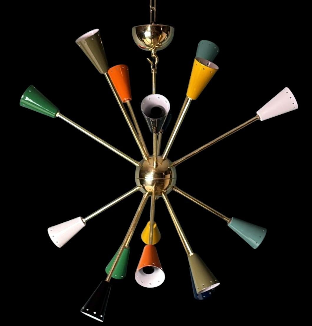 Mid-Century Modern Stilnovo Style Italian Sputnik Chandelier in Brass and Multicolor Enameled Metal For Sale