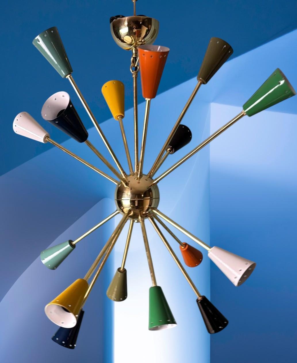 Painted Stilnovo Style Italian Sputnik Chandelier in Brass and Multicolor Enameled Metal For Sale