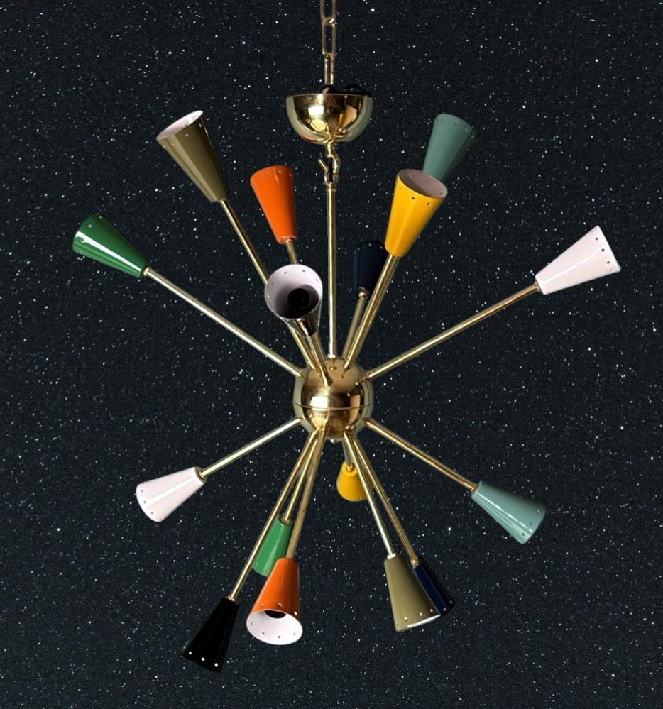 Contemporary Stilnovo Style Italian Sputnik Chandelier in Brass and Multicolor Enameled Metal For Sale