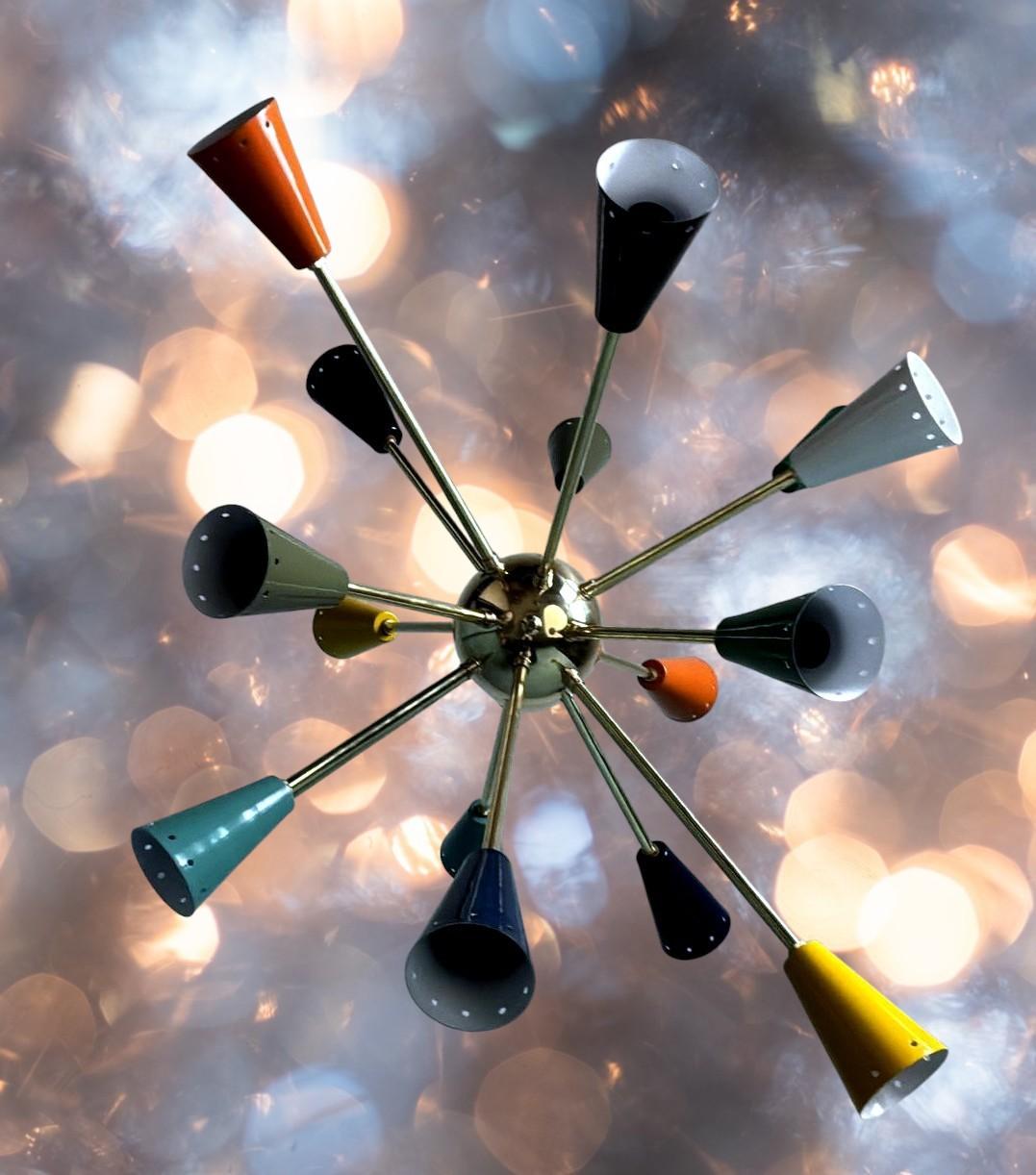 Stilnovo Style Italian Sputnik Chandelier in Brass and Multicolor Enameled Metal For Sale 2
