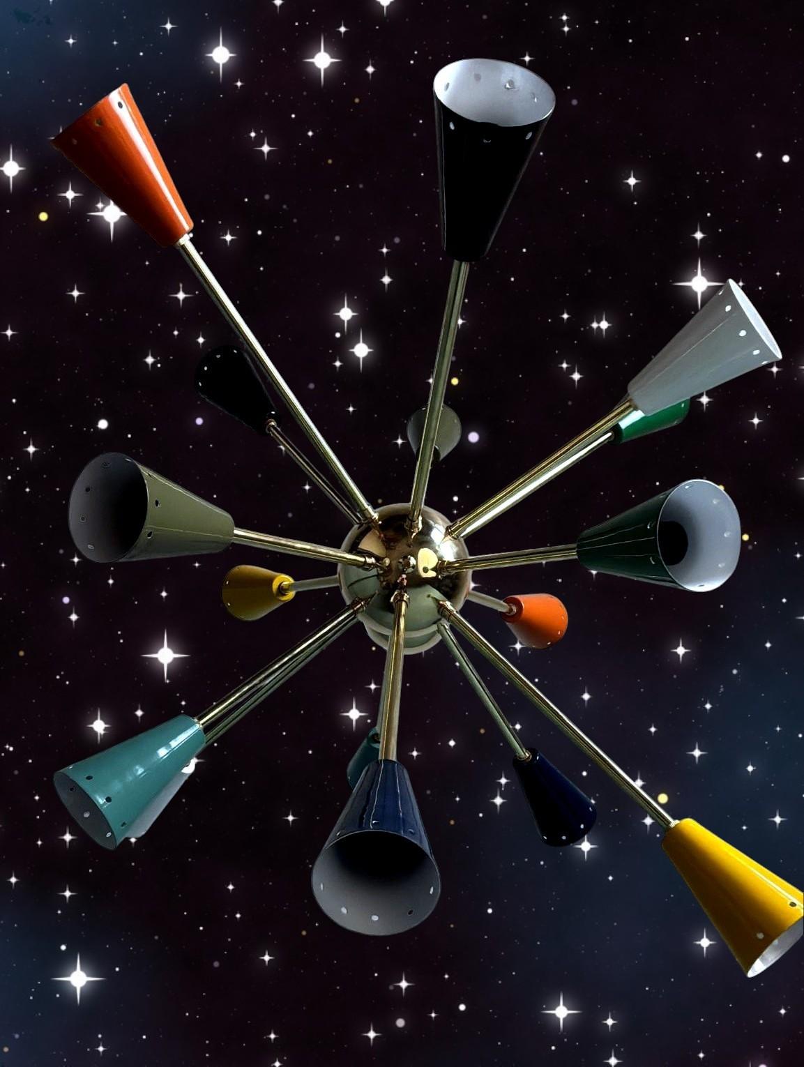 Stilnovo Style Italian Sputnik Chandelier in Brass and Multicolor Enameled Metal For Sale 3