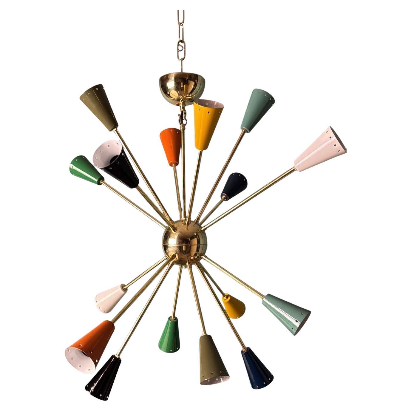 Stilnovo Style Italian Sputnik Chandelier in Brass and Multicolor Enameled Metal