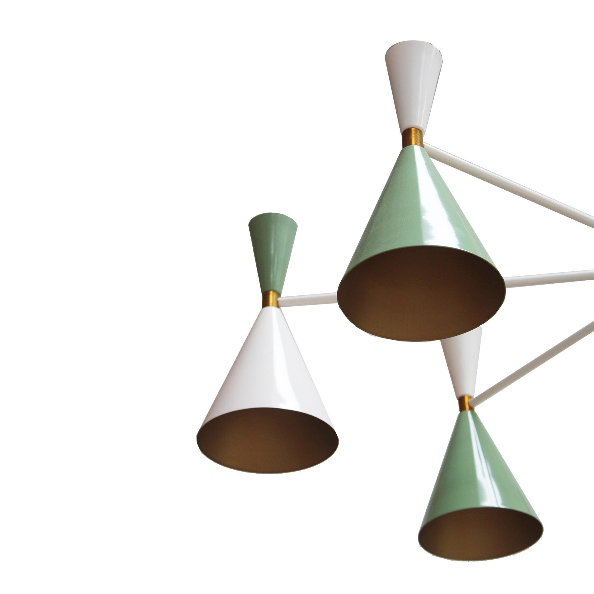 Mid-Century Modern Stilnovo Style White and Green Lacquered Suspension Lamp . Spain, 2022 For Sale