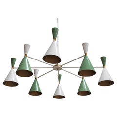 Stilnovo Style White and Green Lacquered Suspension Lamp . Spain, 2022
