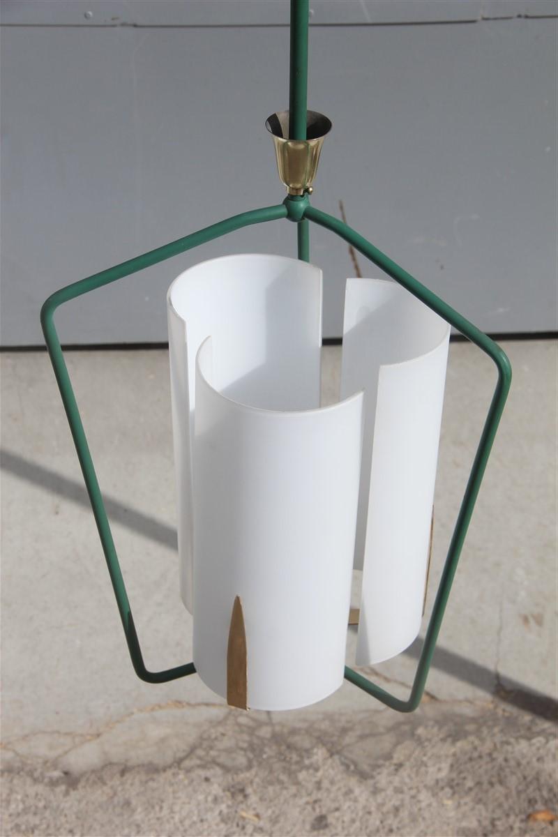 Stilnovo Style Lantern Midcentury Italian Design Gold Green White Glass In Good Condition For Sale In Palermo, Sicily