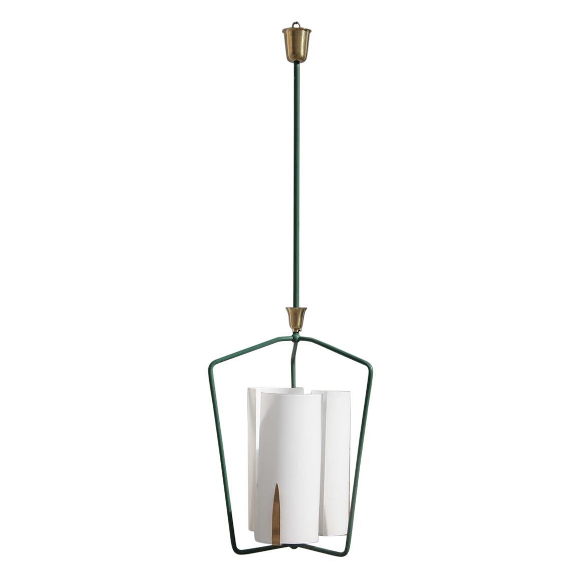 Stilnovo Style Lantern Midcentury Italian Design Gold Green White Glass For Sale