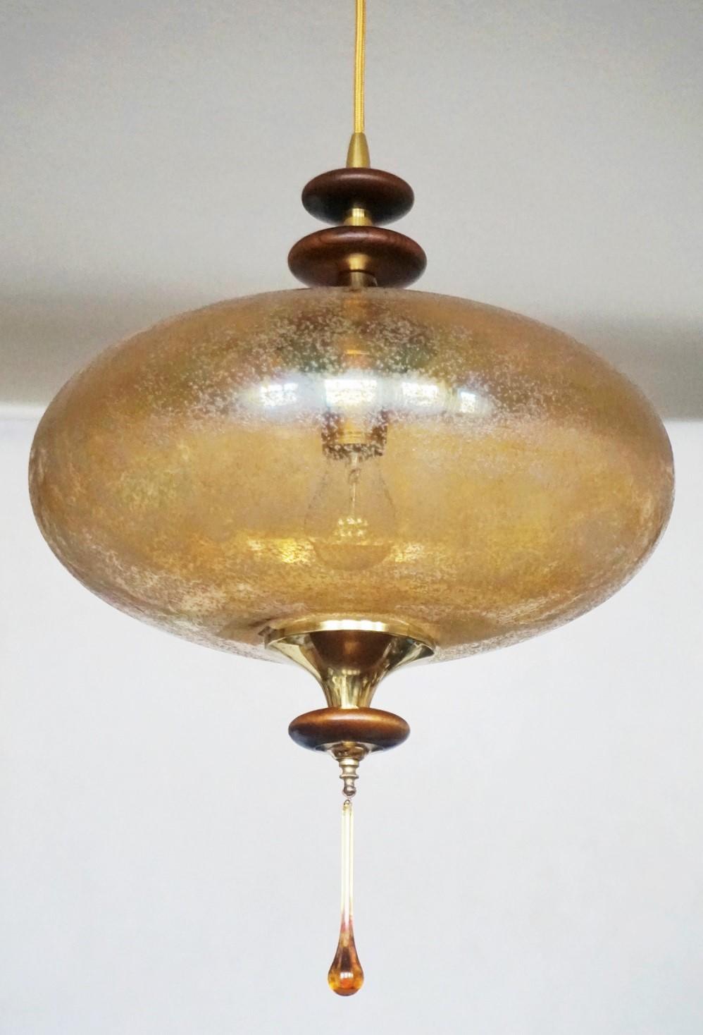 Stilnovo Style Large Murano Glass, Rosewood and Brass UFO Pendant, Italy, 1950s In Good Condition In Frankfurt am Main, DE