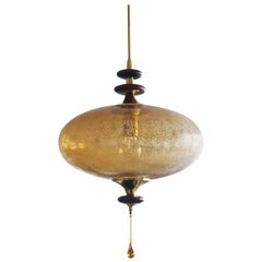 Stilnovo Style Large Murano Glass, Rosewood and Brass UFO Pendant, Italy, 1950s
