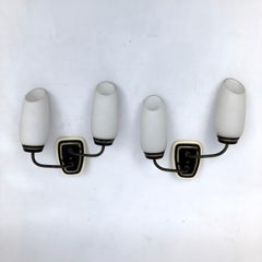 Stilnovo Style, Mid-Century Italian Brass and Opaline Glass Sconces, Set of Two