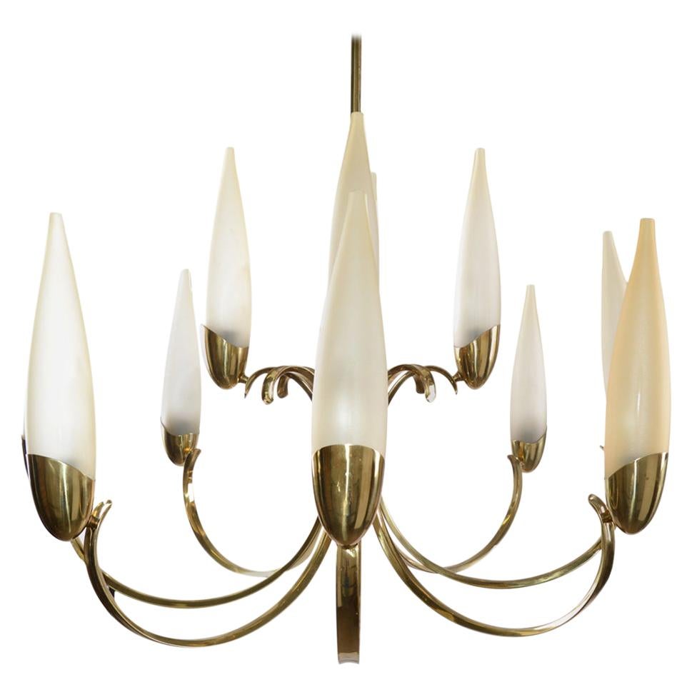 Stilnovo Style Mid-Century Modern 12-Light Brass Chandelier