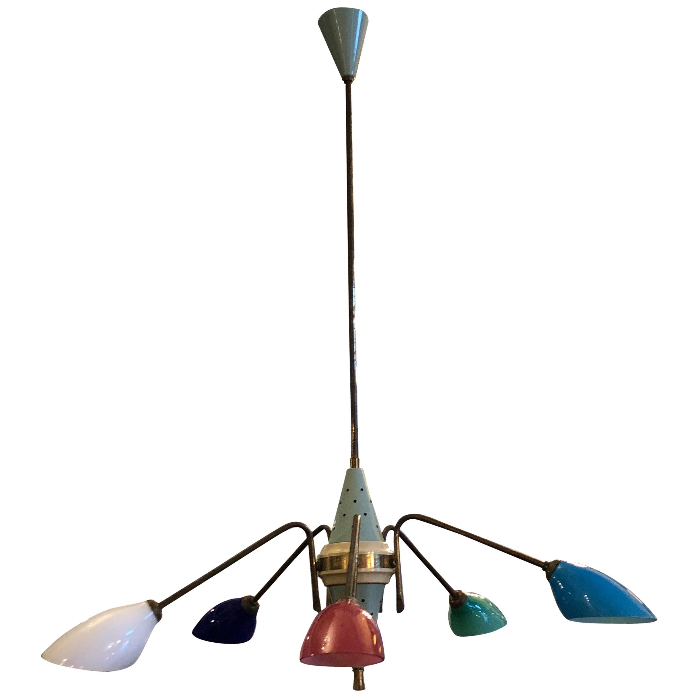 Stilnovo Style Mid-Century Modern Glass and Brass Italian Chandelier, circa 1950