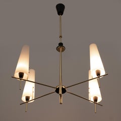 Stilnovo Style Mid-century Modern Italian Brass and Opaline Glass Chandelier 60s